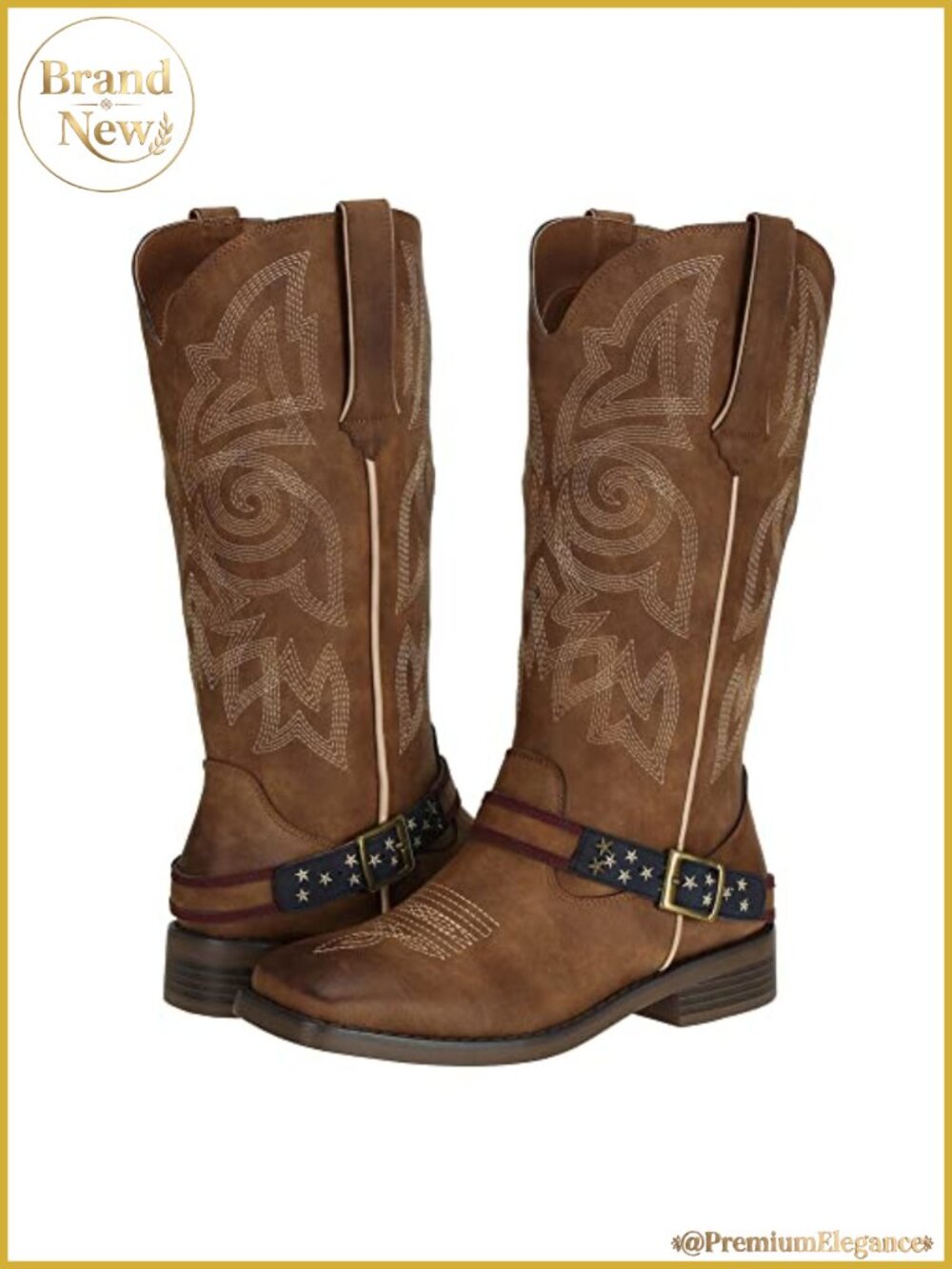 Women's Mid Calf Cowboy Boots Square Toe Western Embroidery Stacked Heel